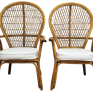 Boho Bamboo White Linen Peacock Chairs