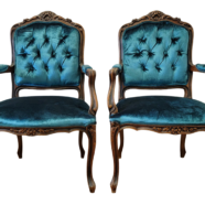 French Teal Velvet Armchairs