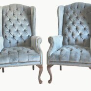 French Dusty Blue Velvet Tufted Armchairs