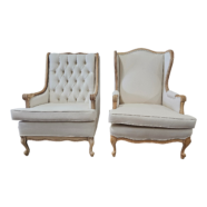 French Ivory Linen Wingback Chairs